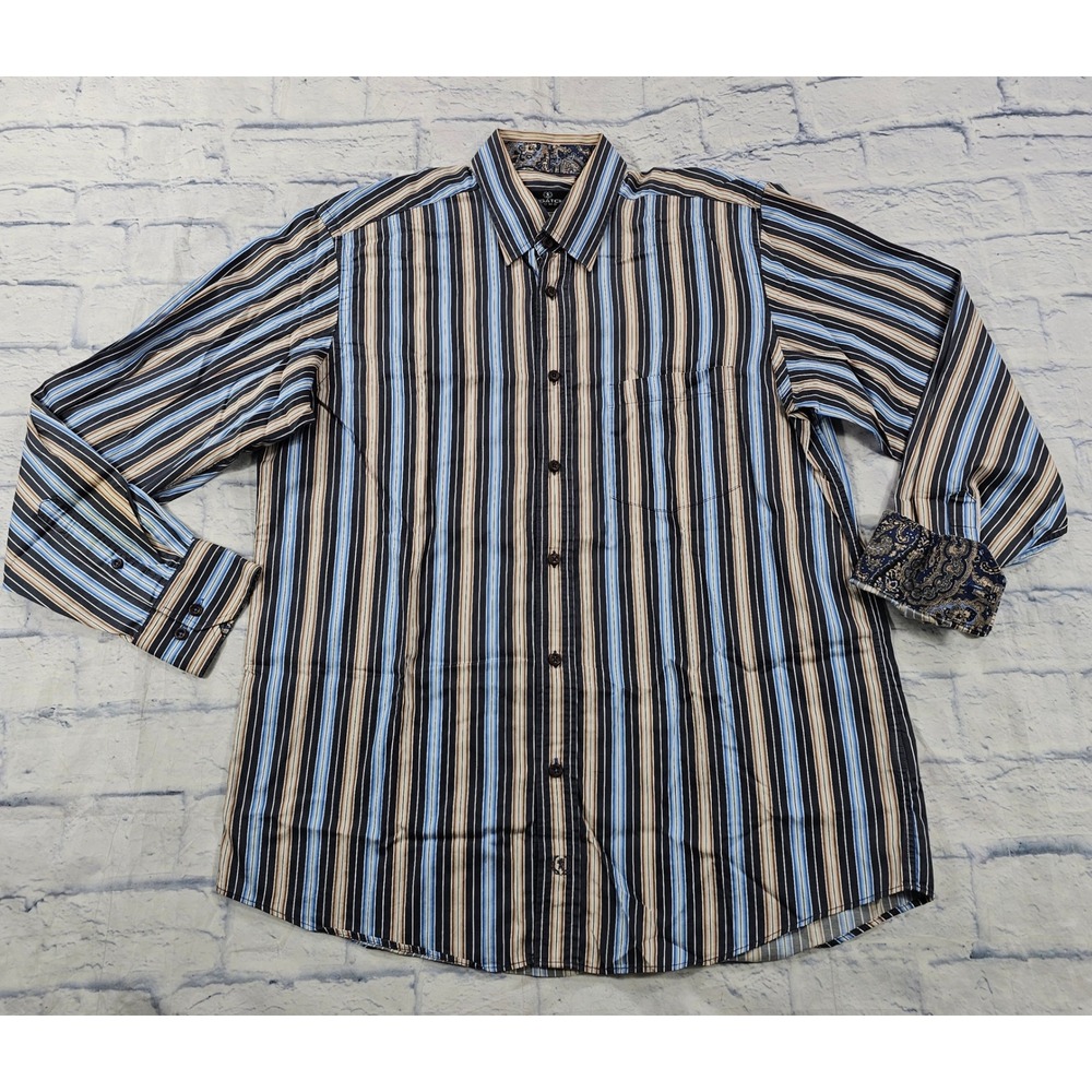 Bugatchi Uomo Button Down MENS L Blue Brown Striped Paisley Trim Designer Shirt